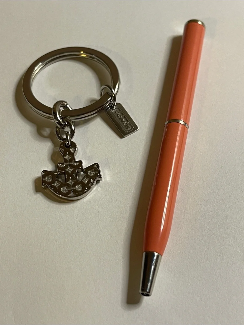 Coach C logo Silver Anchor Keyring with Coral Coach Pen